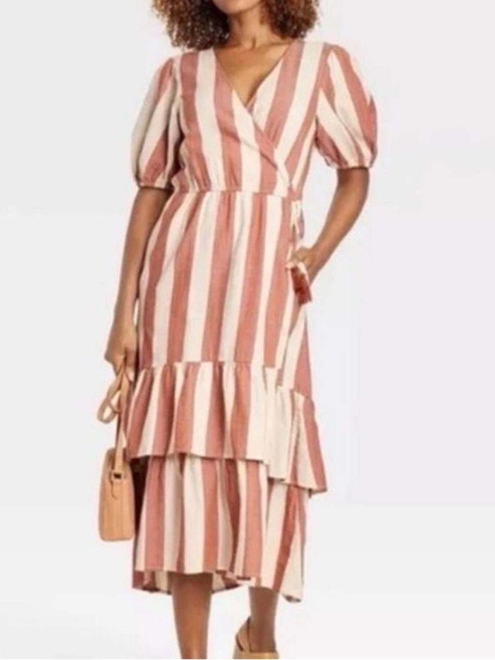 Knox Rose striped wrap midi dress features tiered ruffle detailing puff sleeve M